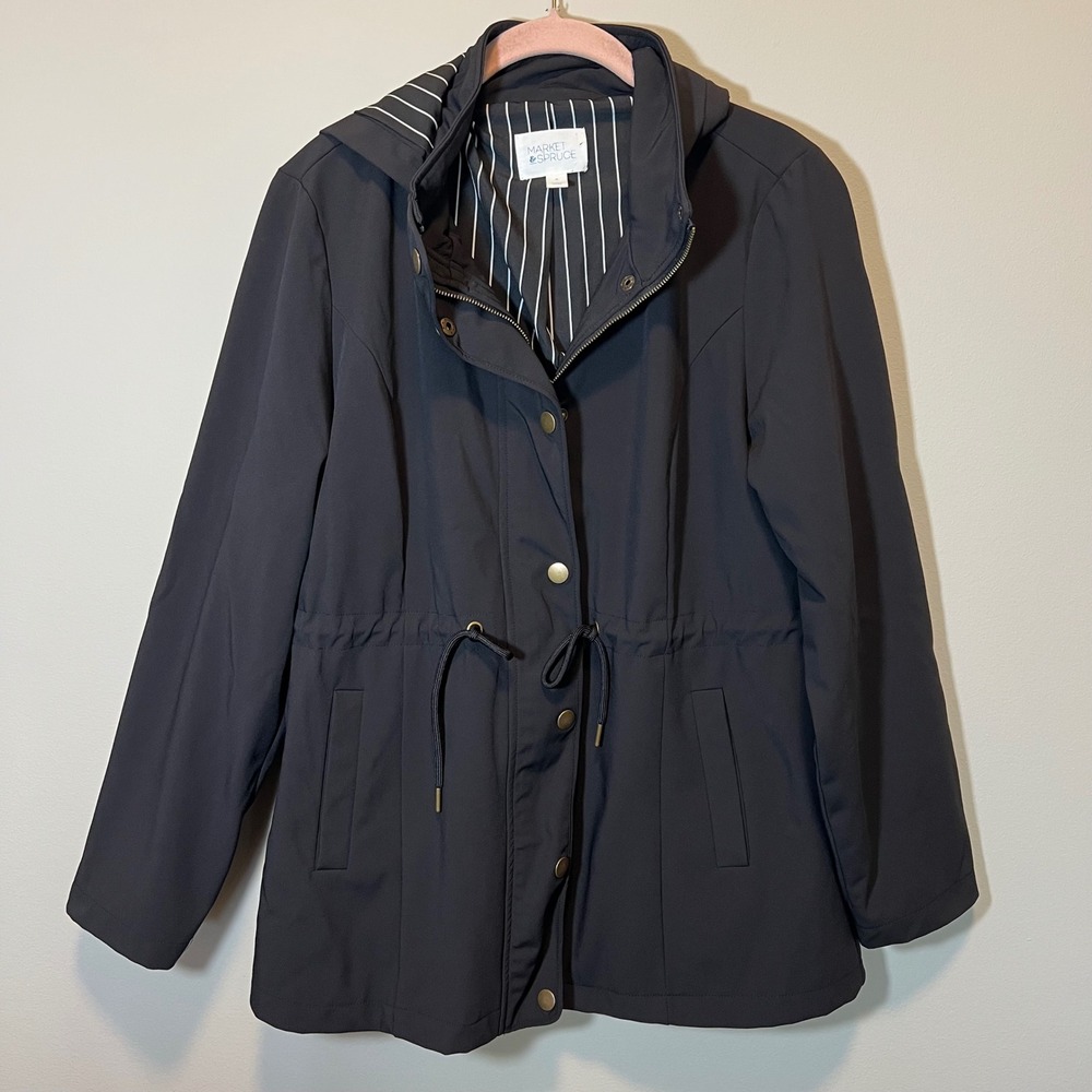 Market & Spruce Black Hooded Utility Jacket‎ Pinstripe Lining Women's Medium